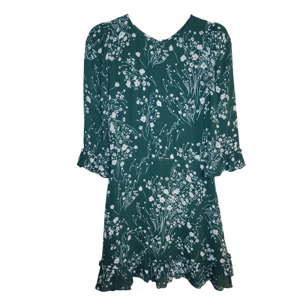 Reformation Doutzen Floral Green Mini Dress with Ruffle Sleeves and Hem Size 2 - Picture 2 of 15